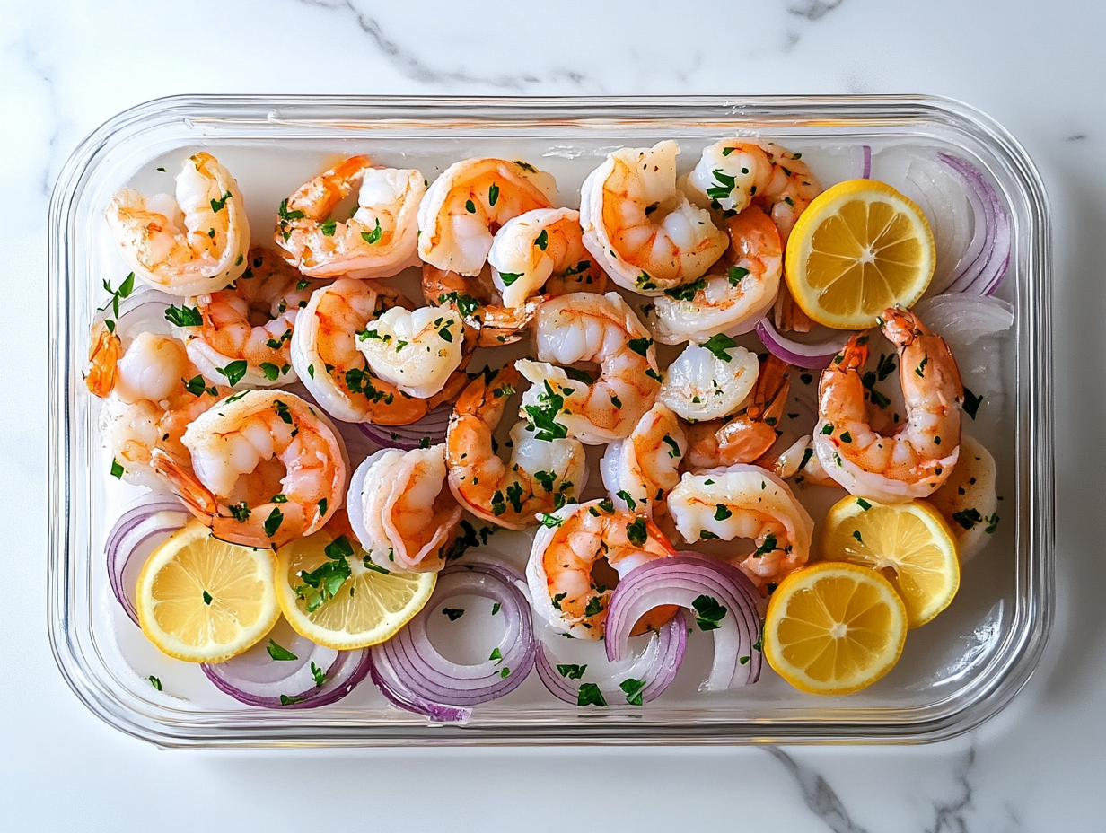 Close-up shot of a chilled serving platter on the white marble cooktop, beautifully arranged with marinated shrimp, lemon slices, and onions. The shrimp glisten with the flavorful marinade, ready to be enjoyed