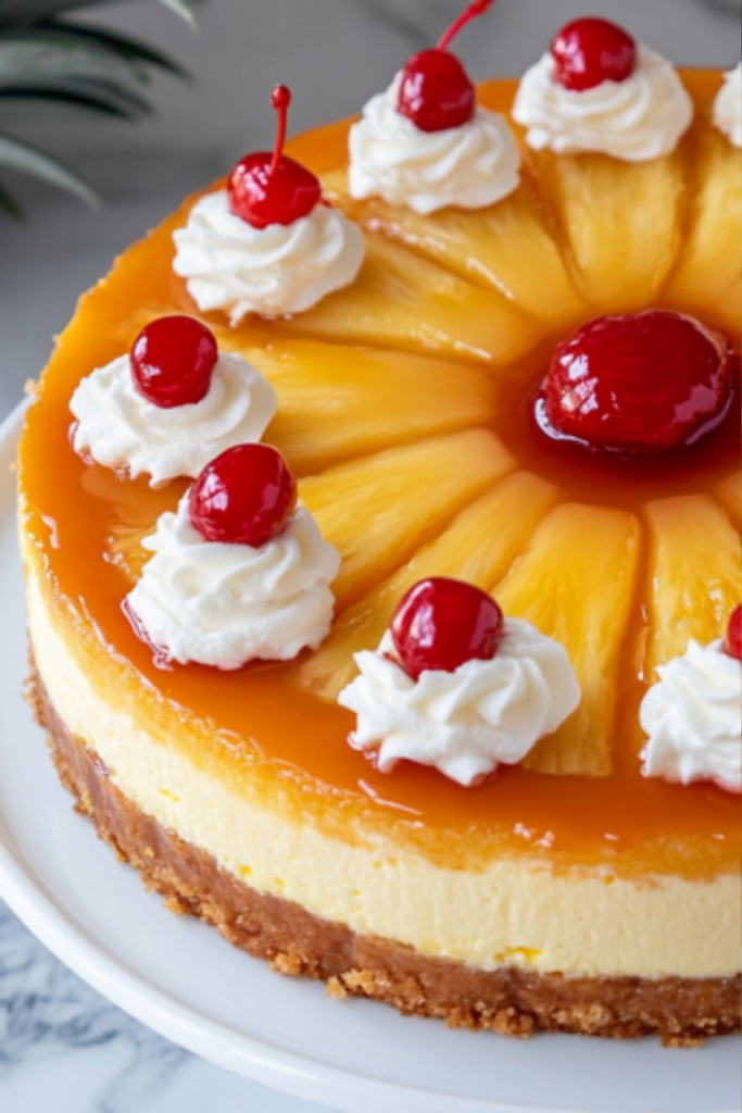 Close-up shot of the cheesecake on a serving platter, topped with pineapple filling, a generous swirl of whipped cream, and garnished with maraschino cherries.