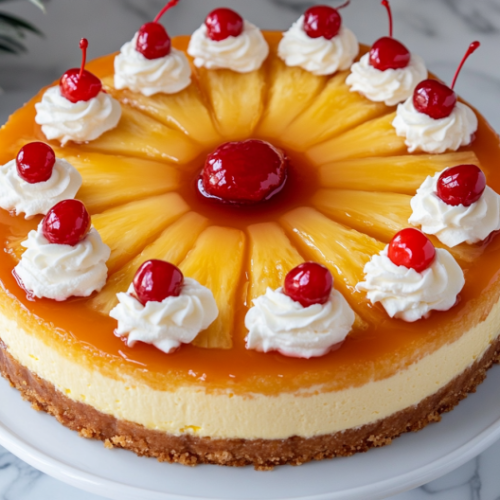 Close-up shot of the cheesecake on a serving platter, topped with pineapple filling, a generous swirl of whipped cream, and garnished with maraschino cherries.