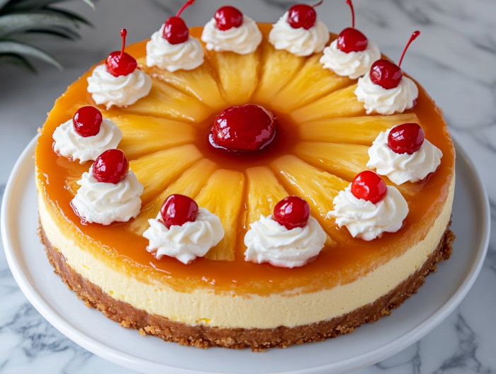 Close-up shot of the cheesecake on a serving platter, topped with pineapple filling, a generous swirl of whipped cream, and garnished with maraschino cherries.