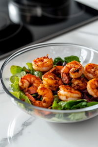 Cooked Cajun shrimp being carefully placed on top of a bed of fresh kale, radishes, and avocado in a glass salad bowl on a white marble cooktop. The shrimp glisten with a spicy, golden-brown crust.