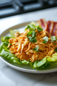 A white ceramic plate on a white marble cooktop is beautifully plated with creamy curry chicken salad, crisp lettuce wraps, and crispy bacon slices on the side, ready to be served.