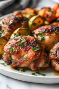 A close-up of a serving platter set on a white marble cooktop, featuring tender, golden-brown garlic butter chicken thighs garnished with freshly chopped parsley. A side of roasted vegetables adds color and flavor, making the dish visually appealing and ready to be served.