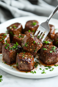 A close-up shot of the finished garlic butter steak bites served on a white plate over the white marble cooktop, garnished with freshly chopped parsley. A fork lifts a juicy, glistening piece, showing the tender, perfectly cooked inside.