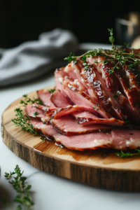 A close-up shot of the beautifully plated spiral-cut ham on a wooden serving platter over the white marble cooktop, drizzled with extra glaze and garnished with fresh herbs. The juicy, tender slices glisten under the light, ready to be served with favorite side dishes.