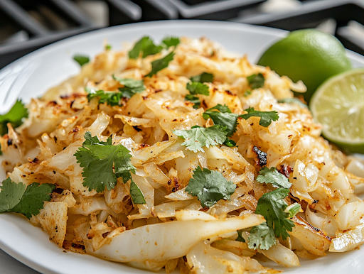A serving of sautéed spiced cabbage, garnished with fresh cilantro and drizzled with lime juice, is beautifully plated, ready to be enjoyed as a delicious keto meal.