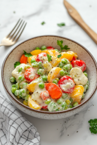 The final plated shot of the creamy low-carb pea salad served in a rustic ceramic bowl on a white marble countertop. A fork rests beside the dish, and the background is softly blurred to highlight the fresh, colorful salad.