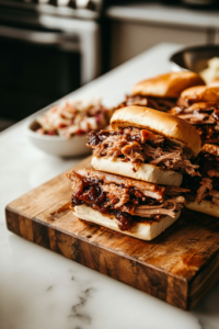 A close-up of a wooden serving board on a white marble cooktop, stacked with BBQ pulled pork sandwiches on toasted buns. The juicy, saucy pork spills over, paired with a fresh side of coleslaw, making for a mouthwatering, ready-to-serve meal.