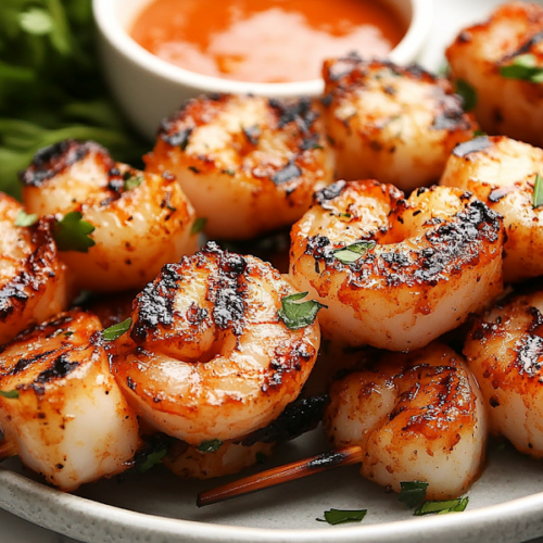 Freshly grilled shrimp and scallop kabobs resting on a plate, garnished with fresh herbs and served with a side of dipping sauce. The kabobs are hot, flavorful, and ready to be enjoyed.