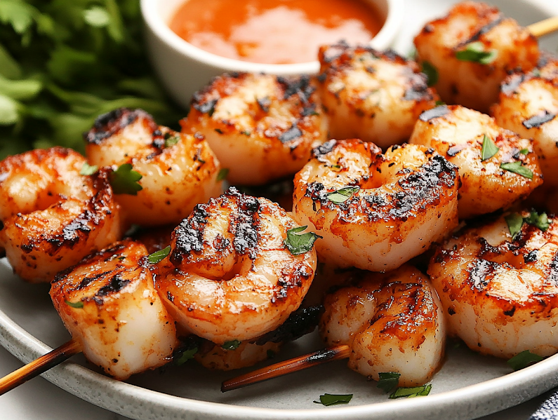 Freshly grilled shrimp and scallop kabobs resting on a plate, garnished with fresh herbs and served with a side of dipping sauce. The kabobs are hot, flavorful, and ready to be enjoyed.