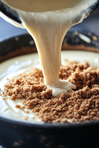 A thick, creamy cheesecake batter being poured from a mixing bowl into the springform pan over the prepared graham cracker crust.
