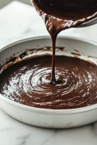 A close-up shot of the chocolate cake batter being poured into the greased cake pan on the white marble cooktop. The dark, glossy batter spreads evenly, ensuring a uniform bake.