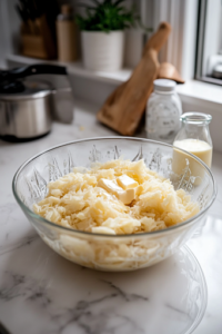 A close-up shot of a large glass mixing bowl filled with frozen shredded hash brown potatoes. A measuring cup of melted butter is being poured over the potatoes, coating them evenly. The bowl is set on a white marble cooktop, adding a bright and clean aesthetic.