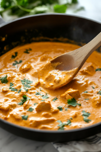 Low-sodium chicken broth and heavy cream are slowly poured into the black skillet on the white marble cooktop. The liquid swirls into the pan, thickening into a smooth, creamy sauce as a wooden spoon stirs gently.