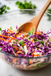 A close-up shot of the large glass mixing bowl on a white marble cooktop, with the freshly made dressing being poured over the colorful coleslaw mixture. A wooden spoon is mid-motion, tossing everything together to coat the vegetables evenly.