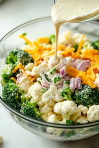 A glass mixing bowl on the white marble cooktop contains a fresh vegetable mixture as creamy dressing is being poured over it. A spatula is ready to toss the ingredients together for even coating.