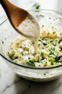 A close-up of a large glass mixing bowl on a white marble cooktop, as the freshly made creamy dressing is poured over the broccoli salad. A wooden spoon is positioned to toss the ingredients together for even coating.