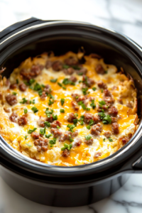 A black slow cooker on a white marble cooktop, as the whisked egg mixture is poured over the layers of hash browns, sausage, and cheese, filling the gaps and preparing for slow cooking.