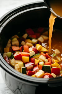 A close-up shot of the black slow cooker on the white marble cooktop, as golden vegetable stock is being poured over the layered ingredients. The liquid gently surrounds the vibrant vegetables, creating the flavorful base for the soup.