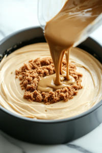 A spoon drizzling warm, melted Biscoff spread over the top of the cheesecake, creating a glossy layer.