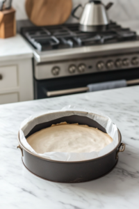 "A greased 8-inch springform pan lined with parchment paper on the bottom, ready for baking."
