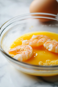A second glass mixing bowl on a white marble cooktop, containing a beaten egg. A peeled and deveined jumbo shrimp is about to be dipped into the egg wash, ready for coating