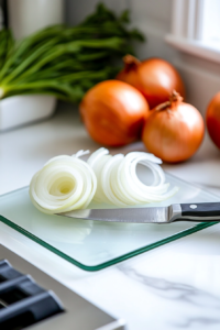 Close-up shot of a glass cutting board on the white marble cooktop, with a sharp knife slicing a Vidalia onion into thin rings. Nearby, a bright yellow lemon is being sliced into even rounds, releasing fresh citrus aroma