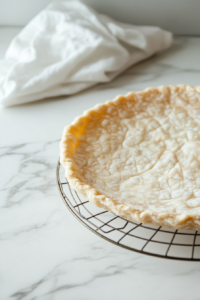A pre-baked pie crust cooling on a wire rack on a white marble cooktop. The flaky, golden edges are visible as it cools completely.