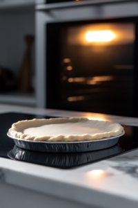 Close-up shot of a floured white marble cooktop with a rolled-out vegan pie dough being carefully placed into a greased 9-inch pie tin. A fork pricks small holes into the base, and parchment paper filled with pie weights rests on top, ready for baking. The oven light glows in the background.