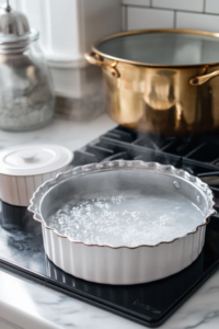 Close-up shot of a roasting pan with a 10-inch cake pan holding a springform pan inside, with boiling water poured into the roasting pan to create a water bath for the cheesecake