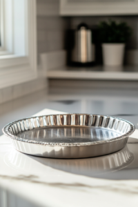 A 10-inch tart pan is placed on a white marble cooktop, greased and in the freezer, its shiny surface reflecting the cold surroundings.