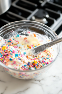 Close-up shot of a mixing bowl with crushed frosted animal cookies and melted butter being combined with a spatula to form the cheesecake crust