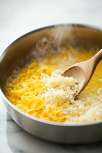 Close-up shot of a shiny stainless steel saucepan on the white marble cooktop, gently warming golden syrup until it becomes smooth and runny. A wooden spoon stirs in freshly grated lemon zest, lemon juice, and white breadcrumbs, creating a thick mixture. Steam rises slightly from the pan