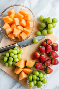 Close-up shot of a wooden cutting board on a white marble countertop, with freshly washed strawberries, kiwi, oranges, and grapes being sliced into bite-sized pieces.