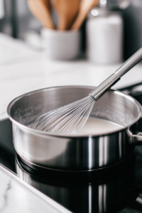 A saucepan on the stove with cornstarch, sugar, salt, and almond milk being whisked over medium heat. The mixture thickens to a smooth custard consistency