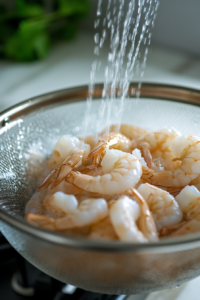 Close-up shot of a glass colander over the white marble cooktop, filled with raw, shelled, and deveined shrimp being rinsed under a gentle stream of cold water. The shrimp glisten as they drain, ready for cooking. --ar 4:6