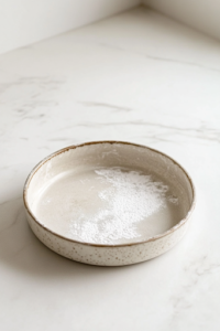 A close-up shot of a round cake pan sitting on a white marble cooktop, lightly greased with oil and dusted with flour. The pan is evenly coated to prevent the chocolate cake from sticking once baked.