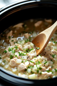 A close-up shot of a black crockpot on the white marble cooktop, filled with diced onion, condensed cream of celery soup, condensed cream of chicken soup, chopped fresh parsley, poultry seasoning, black pepper, and raw boneless skinless chicken breasts. A wooden spoon rests on the edge, ready to stir the rich and flavorful base of the dish.