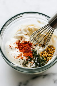 A close-up shot of a small glass bowl on a white marble cooktop, containing mayonnaise, Dijon mustard, paprika, sea salt, and black pepper. A metal whisk is mid-stir, blending the creamy dressing.