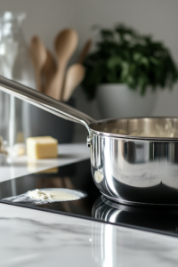 A close-up of a shiny stainless steel saucepan on a white marble cooktop, as butter melts and flour is whisked in to create a smooth, golden roux. This rich, velvety base is the first step in making a flavorful homemade turkey gravy.