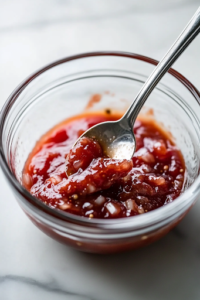 A close-up of a small clear glass mixing bowl on a white marble cooktop, as a spoon stirs together ketchup, brown sugar, minced onion, mustard, vinegar, and black pepper. The ingredients blend into a thick, tangy glaze with a deep red hue, ready to enhance the meatloaf.