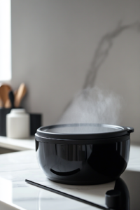A close-up of a black slow cooker on a white marble cooktop, with a light mist of cooking spray evenly coating the interior. The non-stick coating ensures easy cleanup and prevents the chicken from sticking during the cooking process.