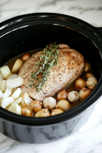 A close-up of a black slow cooker on a white marble cooktop, as fresh onion halves, whole garlic cloves, and sprigs of thyme are layered at the bottom. These aromatic ingredients will infuse the turkey breast with deep flavor as it cooks.