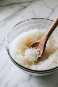 A close-up shot of a separate glass mixing bowl on the white marble cooktop, containing granulated sweetener, unsweetened applesauce, melted coconut oil, and vanilla extract. A wooden spoon rests inside, showing the smooth, glossy mixture that will add moisture and sweetness to the cookies.