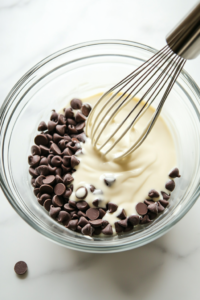 A bowl of warm cream being poured over chocolate chips, then stirred with a spoon until it turns into a smooth and glossy ganache