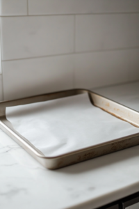 A baking sheet lined with parchment paper, ready for the snack mix to dry.