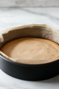 Close-up shot of a 9-inch springform pan greased and lined with parchment paper, sitting on a marble countertop, ready for the cheesecake crust.