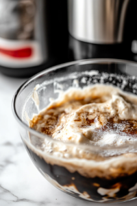 Close-up shot of a hand mixing Kahlua mixture, powdered sugar, and heavy cream until stiff peaks form to create the whipped topping. The cheesecake is removed from the pan, and the whipped cream is spread evenly on top.