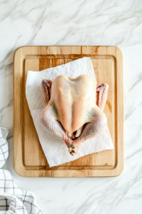 A close-up of a whole raw chicken on a wooden cutting board over a white marble cooktop, as a hand pats it dry with paper towels after removing the neck and giblets. This step ensures a crispier and more evenly seasoned skin.