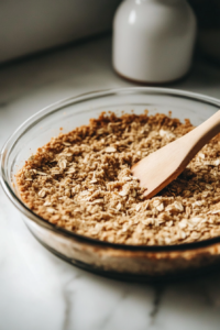 The crust mixture is being pressed evenly into the pan with a spatula. It’s ready to bake at 350°F for 15 minutes, then at 375°F for 5-10 minutes until golden brown.